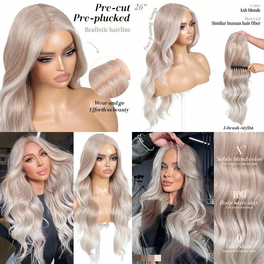 Ml Ash Blonde Wear And Go Glueless Wig With Bangs Synthetic Lace Front Wigs For Women Body Wave Pre Plucked Pre Cut HD Lace Glueless Ombre Wig Middle Part 26Inch10101 - 灰金色 - 查看 1