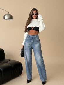 SQUALO 女式蓝色水洗、破洞、做旧效果牛仔裤 街头风格 - 寶藍色 - 查看 4