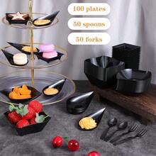 Yolev - Juego de 200 platos de aperitivos con cucharas, tenedores, platos de postre reutilizables de plástico de forma variada, platos pequeños, bandejas de aperitivos para bodas, eventos de - 1 - Ver 6