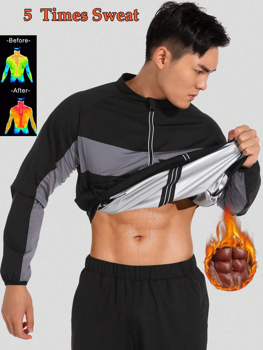 男士桑拿服 - 长袖运动外套,适合健身教练和健身房穿着,有助于减肥和排汗 - 黑色 - 查看 1