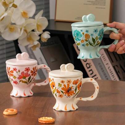 1pc, Floral Pattern Ceramic Mug, 320ml/10.8oz, Large Capacity, Portable, High-Quality Reusable Cup, Dishwasher & Hand Wash , Suitable For Hot & Cold Drinks, Birthday/Christmas Gift, Ideal For Home/Women/Office/Gifting/Couples
