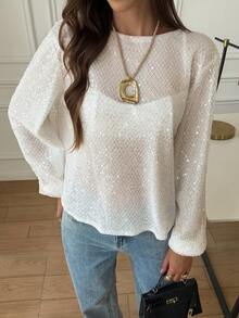 New White Sequin Sheer Blouse, Elegant Round Neck Lantern Sleeve Design, Button Back Loose Flattering Soft Casual Long Sleeve Shirt For Women - White - View 3