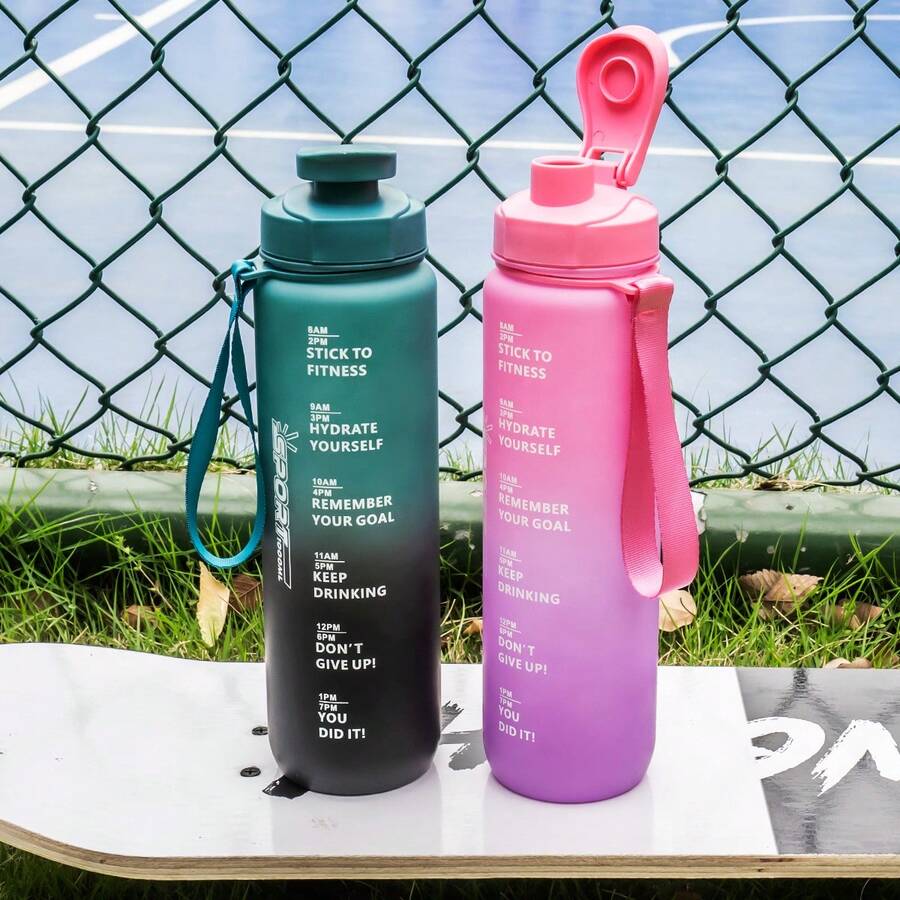 1 bình nước nhựa nắp lật dung tích lớn 750ml/25oz & 1000ml/32oz có vạch chia thời gian, dây đeo, thích hợp cho các môn thể thao ngoài trời, chạy bộ, đạp xe, làm quà tặng ngày lễ