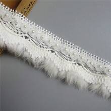 Adorno de encaje peludo de felpa blanca con flores de rosa de perlas falsas bordadas, cinta de encaje para coser y decorar vestidos de novia y ropa, 6 cm de ancho