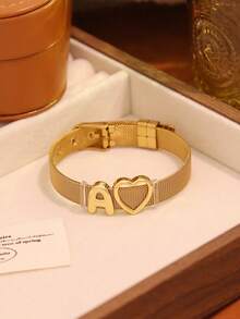 1pc Personalized 26 Letter Heart Adjustable Stainless Steel Bracelet, Luxury Niche Accessory, Fashion Durable, Unisex, Elegant Retro Charm, Suitable For Daily Wear, Party, Jewelry Festival Gift - Multicolor - View 8