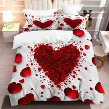 3pcs Red Heart Rose Print Duvet Cover Set, White Base Color With Red Rose Heart Pattern And Scattered Rose Petals Decor, Romantic Atmosphere, (1 Duvet Cover + 2 Pillow Shams, No Filling), Suitable For Bedroom And Guest Room Bedding Decoration - Red - View 5