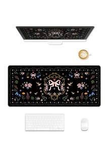 复古甜美黑色鼠标垫，可爱桌垫 XXL 大号扇形游戏鼠标垫，防滑橡胶底座键盘垫防水少女桌面垫，适用于笔记本电脑游戏、家庭办公，花朵蝴蝶结 - 彩色 - 查看 5