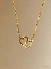 1pc Luxury Double Ring Heart Pendant Necklace, Delicate Zirconia Jewelry, Unique Design, Gentle & Sweet,Valentine's Day And New Year Gifts - 金黃色 - 查看 1