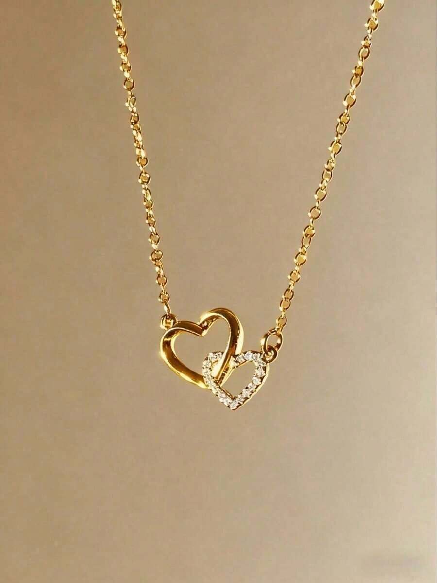 1pc Luxury Double Ring Heart Pendant Necklace, Delicate Zirconia Jewelry, Unique Design, Gentle & Sweet,Valentine's Day And New Year Gifts - 金黃色 - 查看 1