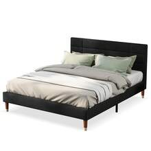 Upholstered Bed, Double Bed With Slatted Base, 140x200cm Upholstered Bed Frame With Headboard, In Black Linen, For Adults & Teenagers, (Mattress Not Included)