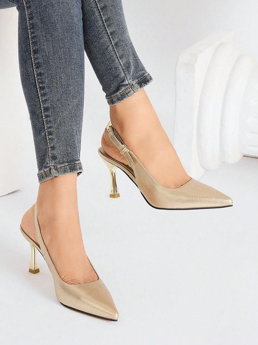 女士尖头细高跟鞋，时尚蛇纹，性感优雅，百搭高跟鞋，适合婚礼、派对、晚宴等场合。 - 金色 - 查看 1