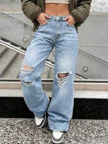 女士破洞宽松直筒牛仔裤