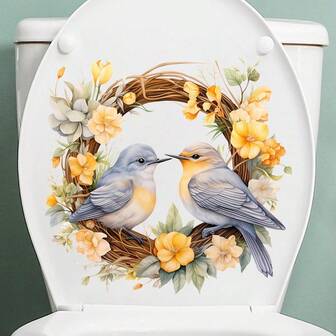 1pc Spring Floral Wreath & Bird Toilet Seat Decal, Removable Sticker, Suitable For Bedroom, Bathroom, Home Decor