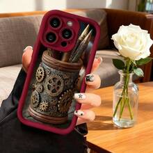 Cubierta de teléfono con diseño de tintero steampunk marrón con engranajes metálicos y plumas para escritorio elegante y creativo - Negro - Ver 4