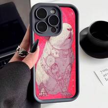 Cubierta de telefono con borde negro diseño de ardilla robotica rosa fondo rojo para iPhone 14 Pro Max estilo futurista para uso diario y viajes - Burdeos - Ver 3