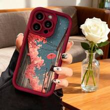 Cubierta de teléfono con borde protector color gris oscuro con estampado de cerezos en flor y paraguas rojo bajo lluvia escena urbana japonesa para uso diario y viajes - Burdeos - Ver 7