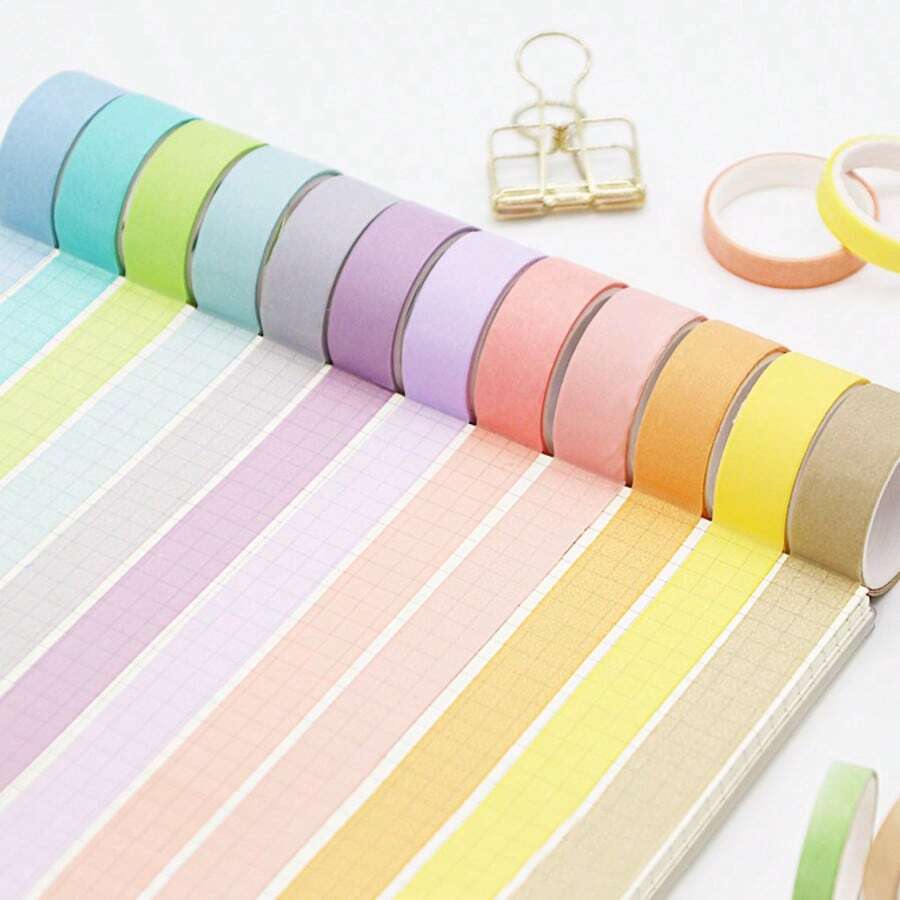 12 Rolls Decorative Solid Color Paper Tape Set, Rainbow DIY Masking Tape, Suitable For Notebooks, Planners And Labeling, Back To School Supplies - Multicolor - View 1