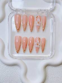 Bộ 10 móng giả Y2K kiểu Stiletto - Làm thủ công, móng màu nude, móng màu hồng, hoa 3D thủ công, nghệ thuật vẽ móng hoa 3D, thiết kế họa tiết vàng vẽ tay, móng vàng lấp lánh, móng thanh mảnh duyên dáng - Hoàn hảo cho các bữa tiệc và trang phục thường ngày, quà tặng ngày lễ hoàn hảo cho phụ nữ và các cô gái, nghệ thuật vẽ móng DIY, bộ móng, bao gồm bộ dụng cụ. Vật tư làm móng - Nhiều màu - Xem 2