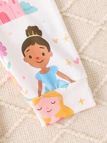 Set de 3 piezas Nuevo Llegada Primavera/Verano Pijama Lindo para Niña Joven, Conjunto de Ropa de Dormir con Estampado de Princesa Castillo, Cuello Redondo Manga Larga Ropa de Casa Cómoda - Blanco - Ver 4