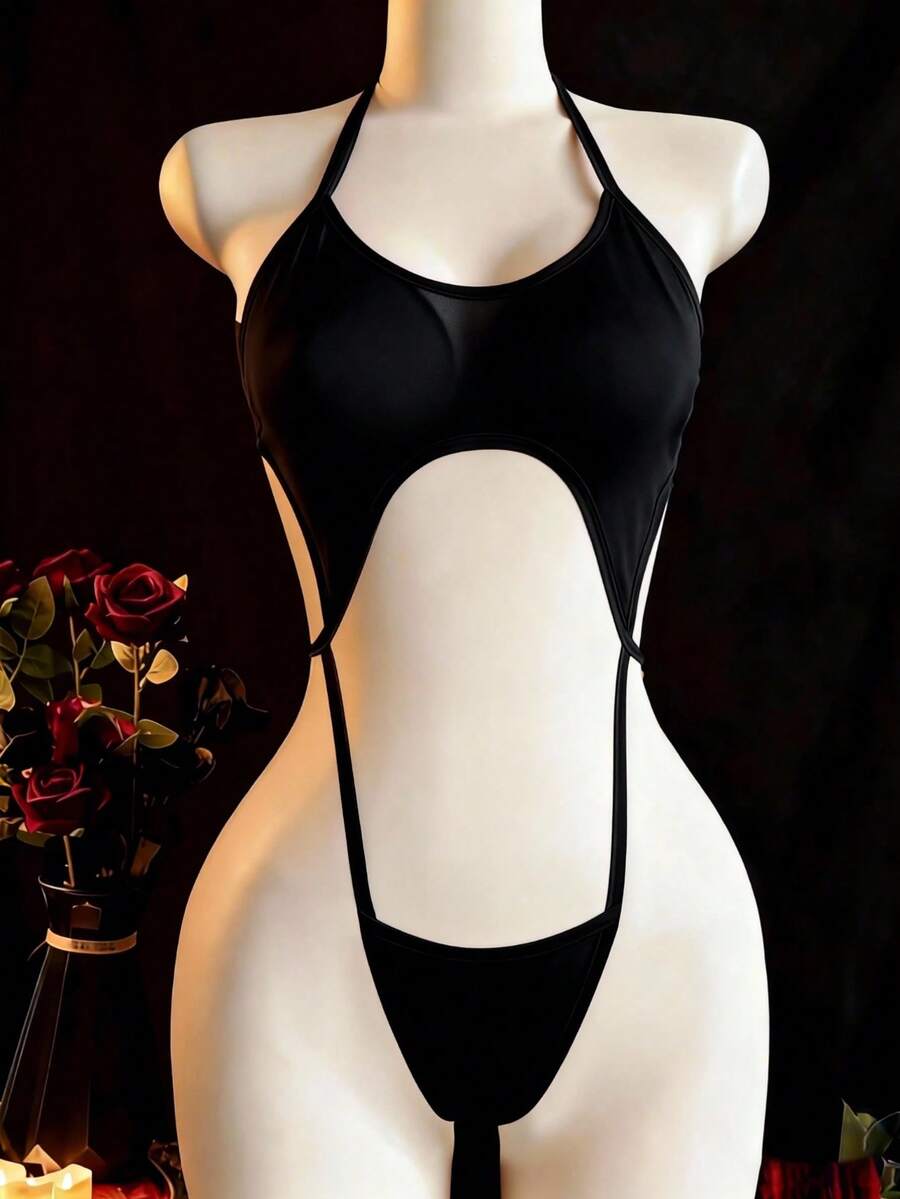 女士性感内衣，系带网纱性感款 - 黑色 - 查看 1