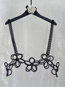 DEKUNER 1pc Cute Pearl Flower Camisole, Available In 4 Colors, Minimalist Design, Suitable For Daily Wear, Party And Vacation - Black - View 5