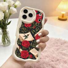 1PC Phone Case ,  Red Roses Bird Book Pattern , Stylish Phone Case, Phone Decoration, All-around Lens Protection, Creative Small Gift, Funny Gift for Boys and Girls - Blanco - Ver 1