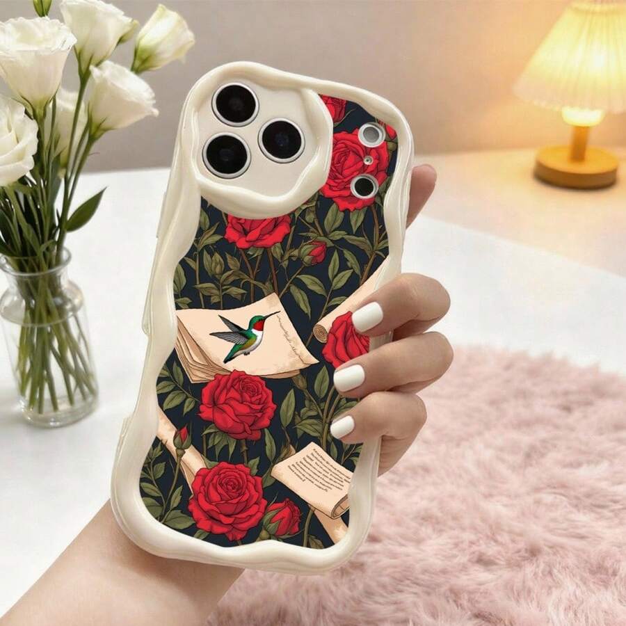 1PC Phone Case , Red Roses Bird Book Pattern , Stylish Phone Case, Phone Decoration, All-around Lens Protection, Creative Small Gift, Funny Gift for Boys and Girls - Blanco - Ver 1
