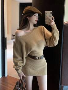 2025 New Y6Y Off-Shoulder Long Sleeve Sweater Dress With Belt, Sexy & Slimming Bodycon Dress For Women, Autumn