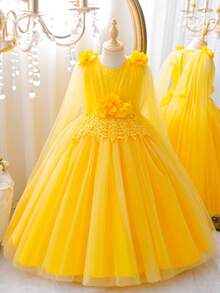 Children's High-End Banquet Bright Color Floor-Length Long Evening Dress, Suitable For 3-12 Years Old European And American Girls, Daily Wear, Yellow Dress, Girls Party Formal Gown, Festival Costume, Graduation Ceremony, Princess Lace Waist Tie Back Tulle Dress With 3D Floral Decor, Puffy Skirt - Yellow - View 3