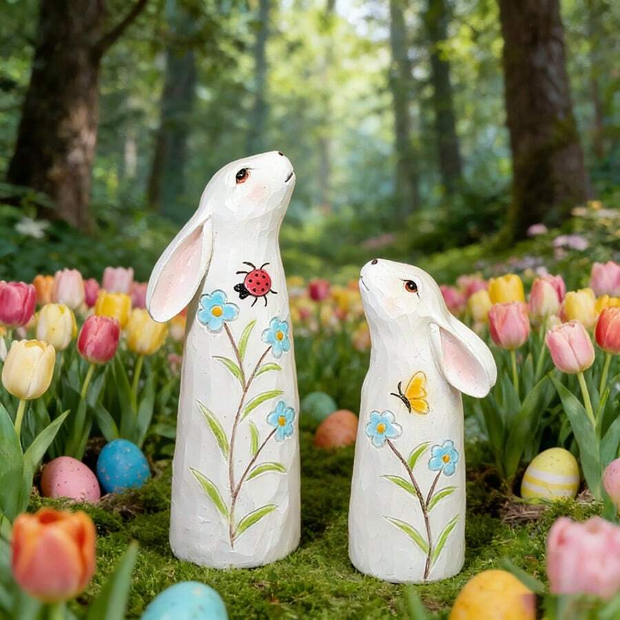 复活节兔子雕塑套装 - 树脂装饰雕塑，适合节日装饰和礼品，节日家居装饰元素