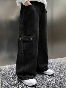 Teen Boy Casual Fashion Street Style Daily Commute Washed Flap Pocket Loose Cargo Wide Leg Denim Jeans - Black - View 5