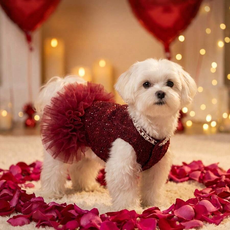 1pc Pet Dog Dress, Elegant Princess Style Tutu Skirt, Thick Autumn/Winter Pet Clothing, Suitable For Small/Medium Dogs, Dog Clothes, Cat Clothes, Valentine's Day Pet Outfit - Burgundy - View 1