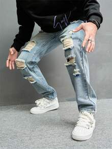 ‌Jeans azules de hombre con rotos y parches, estilo callejero americano - Azul - Ver 4