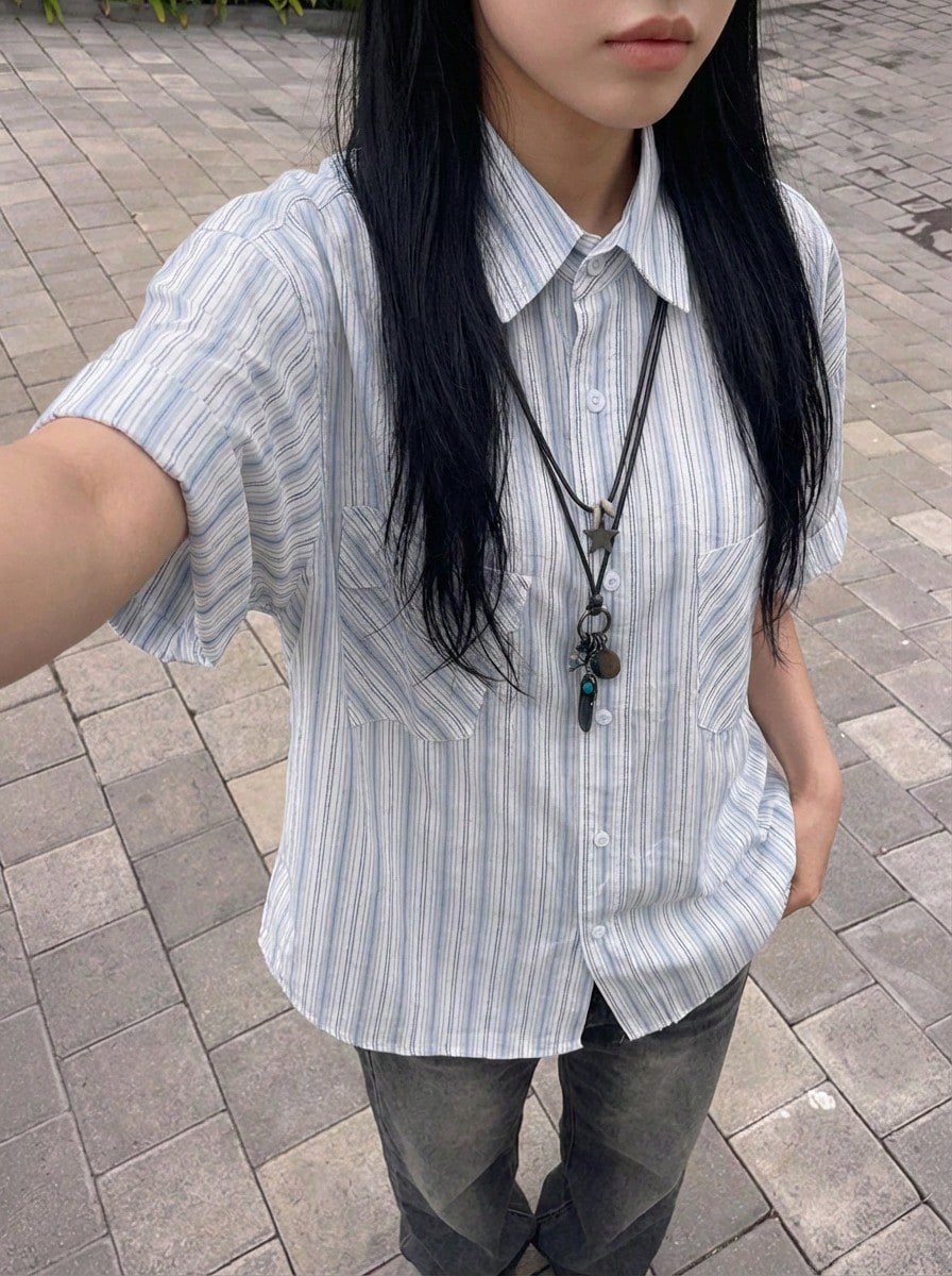 Rikumo Women's Vintage Style Japanese School Uniform Formal Blue Striped Short Sleeve Shirt, Summer Winter - Blue - View 1