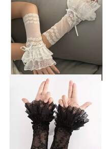 2 Pairs Fashionable Elegant Sweet Lace Ruffle Sleeve Cuffs - A Pair Of Black Shoes + a Pair Of White Shoes With a Bow - View 14