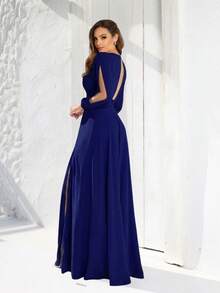 Jade NM Nana Marie Long Sleeve Party Dress With V-Neck, Wrap Style, Split Sleeves And Slit. Navy Blue Bridesmaid Party Dress. - 藏蓝色 - 查看 2