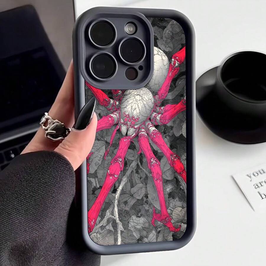 Cubierta de telefono con diseño de araña roja y hojas grises para iPhone 14 Pro Max negra elegante para uso diario y estilo urbano - Blanco - Ver 1