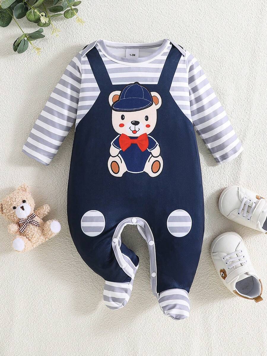 1pc Infant Boys' Cute Bear Print Striped Elegant Minimalist Long Sleeve Footed Romper, All Season - Navy Blue - View 1