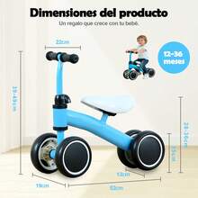 Bicicleta de equilibrio infantil 4 ruedas correpasillos para bebé 1-3 años triciclo para interior y exterior, asiento y manillar ajustables, ruedas silenciosas antideslizantes, regalo para niña y niño - Azul - Ver 7