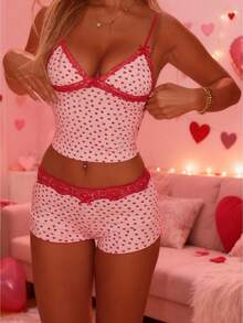 Women Y2k 2 Piece Heart Print Lace Shorts Set Sleeveless V Neck Cami Top With Shorts Pajamas Sets Sleepwear - 粉色 - 查看 6