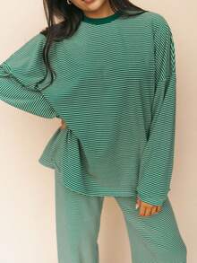 Women's Casual Striped Oversized Long Sleeve Lounge Set With Wide-Leg Pants - màu xanh lá - Xem 4