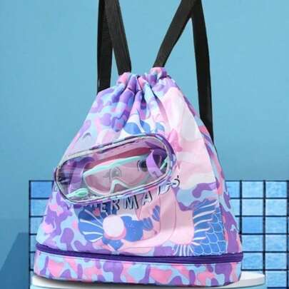 1 chiếc ba lô chống thấm nước in hình hoạt hình, có ngăn khô và ướt, túi đựng đồ bơi, túi đựng đồ vệ sinh cá nhân có dây rút đi biển.