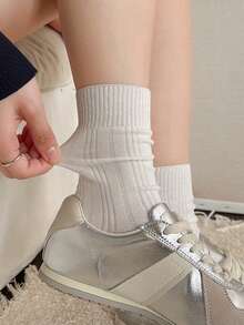 4 pares de calcetines de media caña versátiles de estilo retro de unicolor y a rayas para mujer, aptos para uso diario - Multicolor - Ver 5