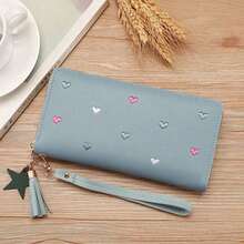 Women's Fringe Long Wallet Cute Coin Purse Zipper Credit Card Holder Fashionable And Simple Heart Embroidery Wallet Gift Gift Present Heart Purse(Heart Pattern Random) Wallet Purse Wallet Wallet Keychain Wristlet Wallet - Màu xanh lam - Xem 7