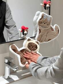 1Pc Cute Brown Cat Hand Towel, Absorbent Towel, Hanging Style For Kitchen, Bathroom, Room Decor, Absorbent & Easy To Clean, Kitchen Towel, Bathroom - Multicolor - View 3