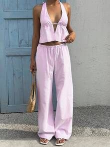 2pcs Vaiaye Women Tie-Up Striped Ruffle Bandeau Crop Top And Wide Leg Pants Set, Striped Linen Deep V Camisole And Drawstring Loose Casual Beach Pants, Sexy Cute Elegant Romantic Summer 2-Piece Set, Traceable Cotton Pink - Pink - View 8
