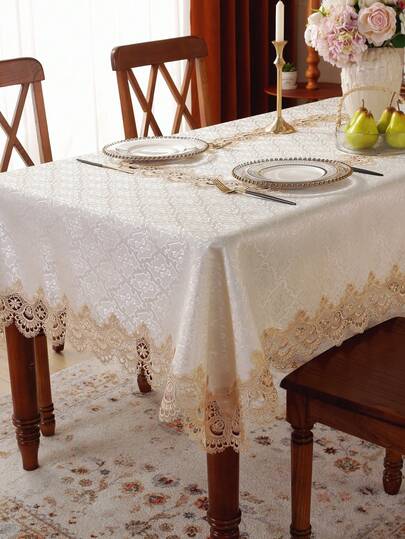 1 pieza Mantel de satén jacquard, con borde de encaje hidrosoluble, estilo minimalista elegante de palacio, tela de alta calidad, adecuado para mesas cuadradas y rectangulares, cocina, comedor, conferencia, escritorio, mesa de café, tocador, decoración, decoración del hogar, banderas de mesa, manteles individuales, para sala de estar, dormitorio, patio, muebles de interior/exterior, camping, villa, vacaciones, fiestas, reuniones de gabinete, decoraciones de festival, decoraciones de fiesta/boda, disponible en varios tamaños