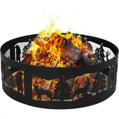 Sunnydaze 36-Inch Outdoor Fire Ring - Portable Metal Fire Pit Ring For Camping Or Backyard - 360-Degree Wildlife Cutouts - Forest Wildern