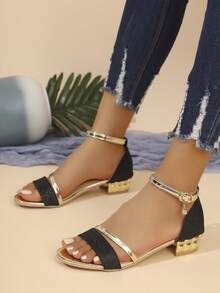 1 Pair Teens' Flashy Black Gold Silver Color Block Chunky Heel Sandals, Girls' Sweet & Edgy Open Toe High Heels, Student Party Date Outdoor Wear Teenage High Heel Sandals - Black - View 4