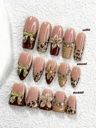10pcs Delicate Fashionabl Poly Gel Nail Kit,French Manicure Fake Nails,Golden Heavy Industry Bow Design, Rhinestone Decor Press On Nails,Leopard Water Ripples Nail Decoration,3D Handmade Flower Art Nails,Available In 3 Sizes, Including Nail Art Tools,Suitable For Daily, Fall Winter,Party, Holiday Outfits, Great Gift For Women And Girls Supplies Nails.